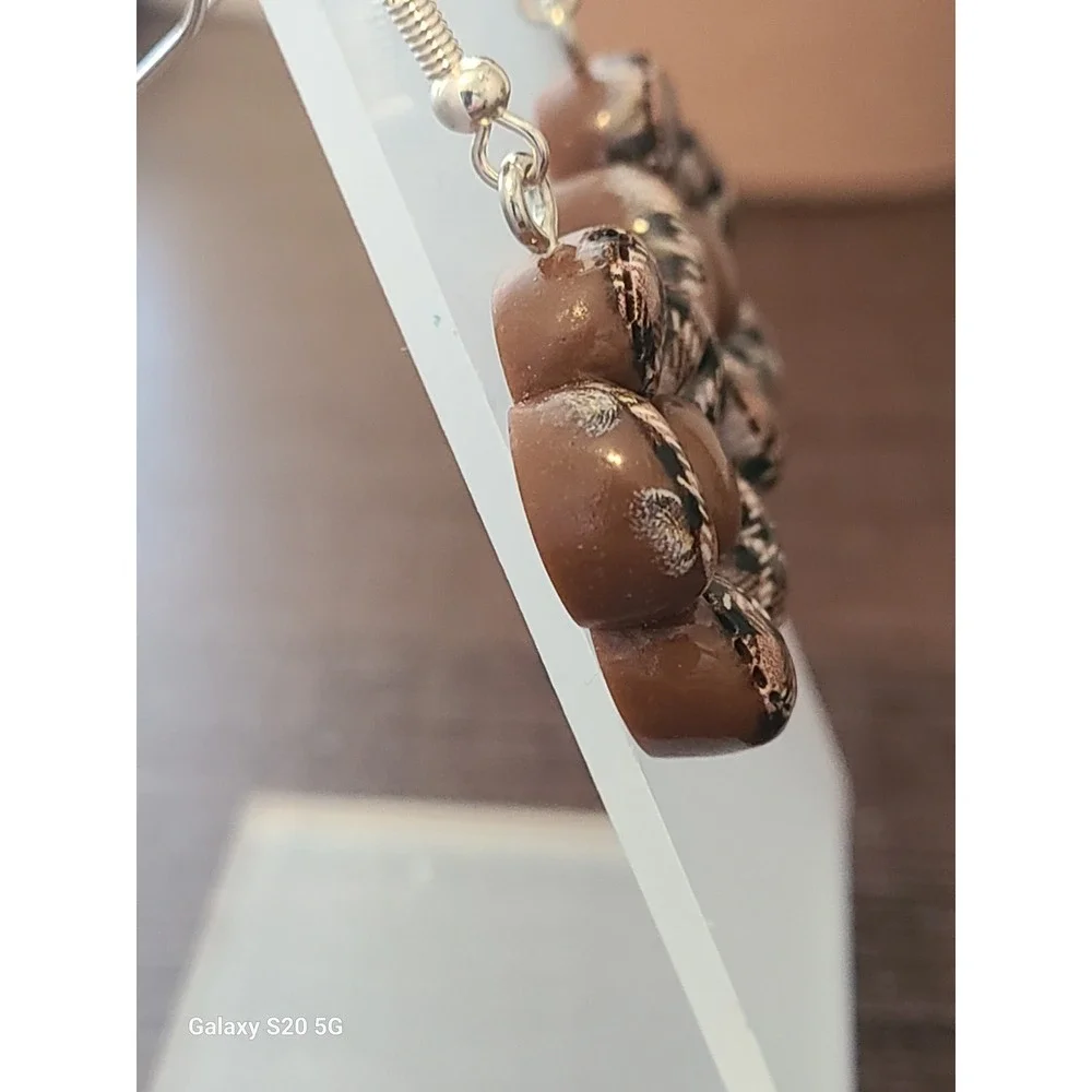 Brown Plaid Flower Drop‎ Earrings Floral Dangle Silver Tone Fishhook Handcrafted